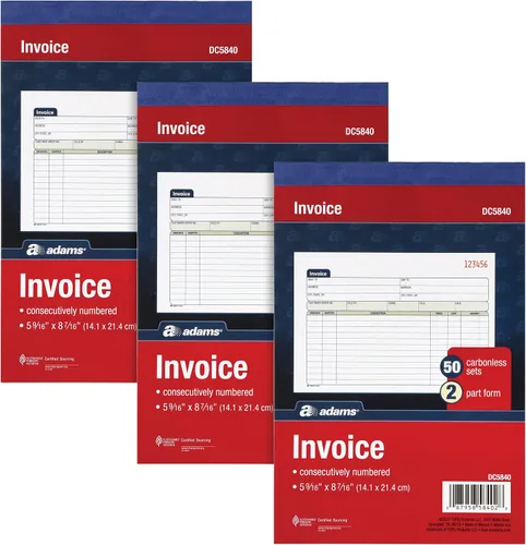 Adams Libro de facturas 3 unidades, 2 facturas sin carbono de parte, deslizamiento horizontal de ventas, 5-9/16 x 8-7/16 pulgadas, 50 juegos por