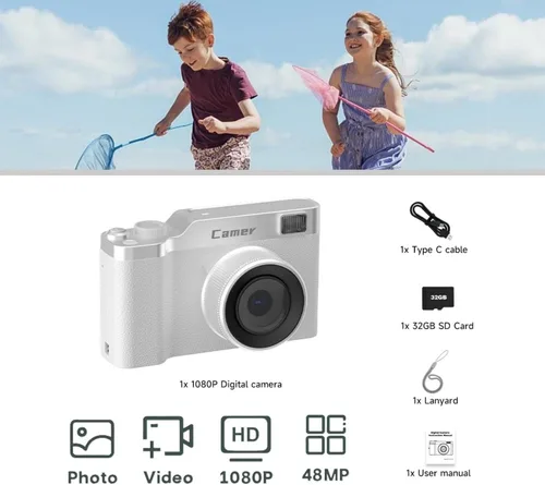 Miniatura 2 de Cámara digital de enfoque automático para fotografía y vlogging con tarjeta de memoria de 32 GB, 1080P HD frontal y trasera dual selfie cámara