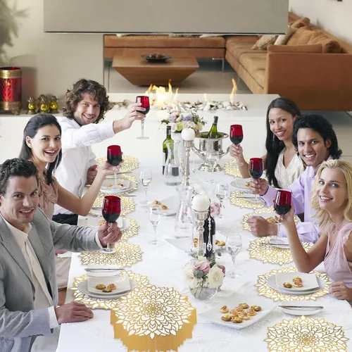 Miniatura 5 de 50 manteles individuales desechables de papel redondos metálicos dorados y blancos, redondos, con diseño floral, para mesa de mesa, manteles