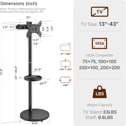 Miniatura 8 de Soporte de TV móvil con ruedas y altura ajustable para TV de 13 a 43 pulgadas hasta 15 kg, de retrato a paisaje, carrito de TV con caja