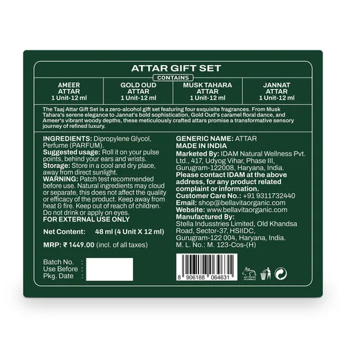 Miniatura 7 de BELLAVITA Taaj Attar de lujo Set de regalo unisex de larga duración para hombre y mujer, 4 x 0.4 fl oz, caramelo, limón, canela y almizcle