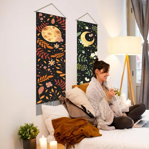Miniatura 7 de AHANDMAKER 2 tapices de flores y hojas, tapiz de sol y luna, psicodélico largo vertical para colgar en la pared, tapices de estética botánica, tapiz