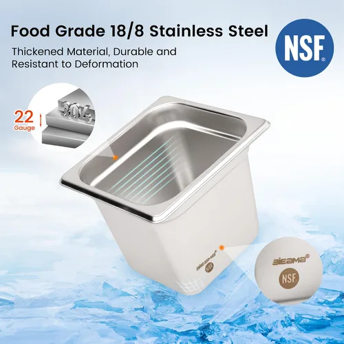 Miniatura 3 de BIEAMA Paquete de 6 bandejas de hotel, 1/6 tamaño 6" de profundidad, NSF, bandeja comercial de acero inoxidable, bandeja de mesa de vapor, bandejas