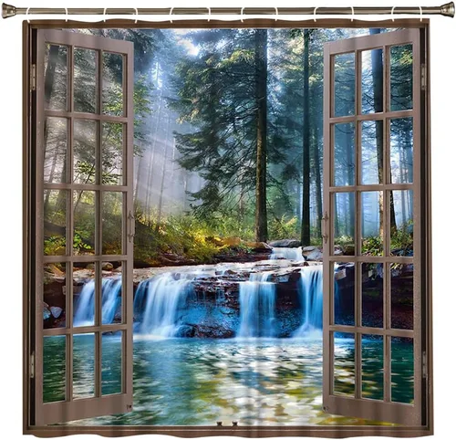 Miniatura 3 de Cortina de ducha en cascada de primavera, paisaje tropical, selva, selva tropical, árbol verde, verano, naturaleza, paisaje, Navidad, tela de Marrón