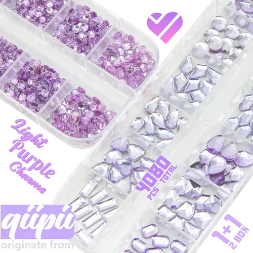 Miniatura 2 de qiipii Diamantes de imitación para uñas de amatista púrpura de múltiples formas de cristal con base plana K9, piedras de vidrio púrpura claro, gemas