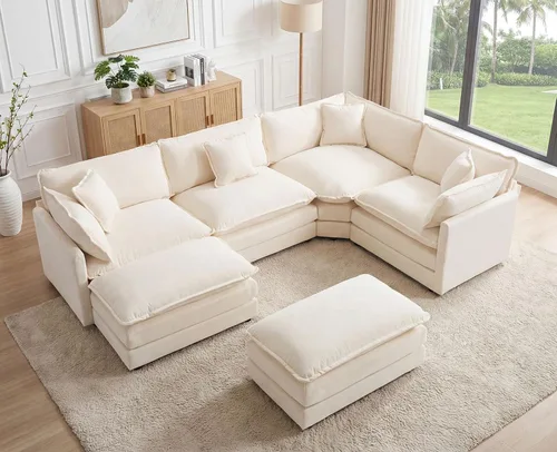 Miniatura 28 de Sofá modular Cloud seccional, moderno sofá modular en forma de L de felpilla con otomana y almohadas, sofás esquineros de asiento profundo de 5 Negro