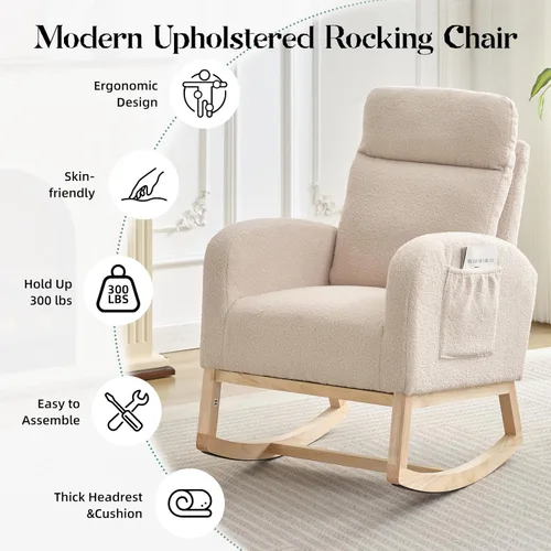 Miniatura 4 de IDEALHOUSE Mecedora para guardería, mecedora tapizada con respaldo alto y bolsillo lateral, cómoda silla de lactancia para lactancia, sillón