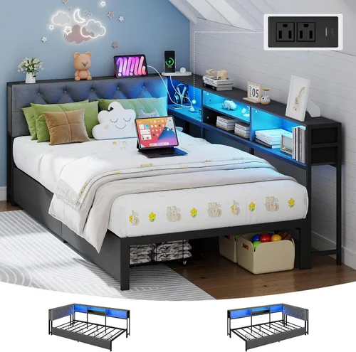 Marco de cama de esquina tamaño twin con estante de almacenamiento y cabecero, cama de plataforma de esquina con luces LED y estación de carga, cama