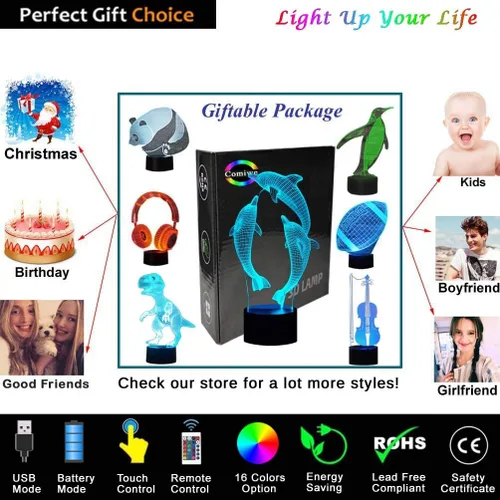 Miniatura 6 de Dolphin - Luz nocturna de ilusión 3D, lámpara de noche LED regulable de 16 colores con control táctil y remoto, USB y alimentada por batería