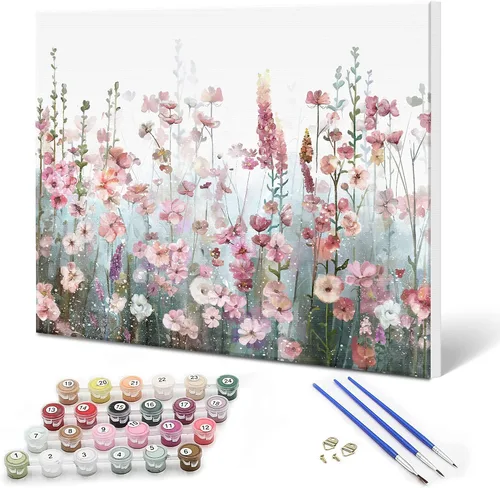 SUMGAR Kit de pintura enmarcada por números para adultos flores, kit de pintura de lienzo de flores silvestres rosas con marco, pintura acrílica