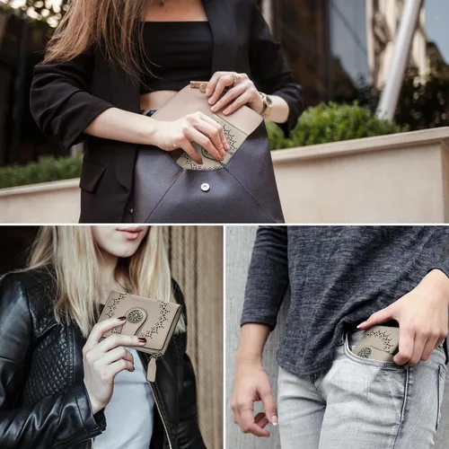 Miniatura 4 de Tipmile - Cartera pequeña para mujer, cartera de cuero con bloqueo RFID, plegable con bolsillo para monedas y con cremallera, Beige, Casual