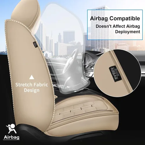 Miniatura 5 de IKABEVEM 2PCS Front Car Seat Covers Fit for GMC Acadia 2017-2026 Faux Leather Seat Cover Waterproof Seat Cushion Protector (Beige)