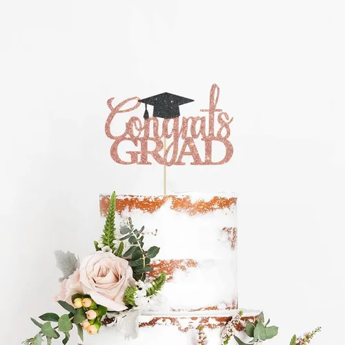 Miniatura 4 de Decoración de pastel de felicitaciones de oro rosa con purpurina – Decoraciones de graduación 2026 – Graduación de escuela secundaria, decoración
