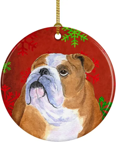 Miniatura 96 de Caroline's Treasures Bulldog English - Copos de nieve rojos y verdes, adorno de cerámica de Navidad, decoración colgante para el hogar, Navidad
