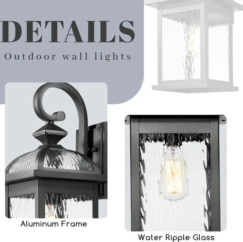 Miniatura 3 de Luces de pared para exteriores, lámpara exterior negra, montaje de pared con vidrio ondulado de agua de 15 pulgadas de altura, lámparas de pared