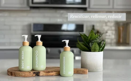 Miniatura 4 de Dispensador de Champú y Acondicionador OLLIES, Dispensador de Jabón de Ducha para Baño - Juego de 3 con Etiqueta Elegante Permanente - Botellas
