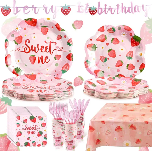 Decoraciones de primer cumpleaños de fresa para niña, platos de primer cumpleaños de fresa para 24, platos de fresa, decoraciones de primer