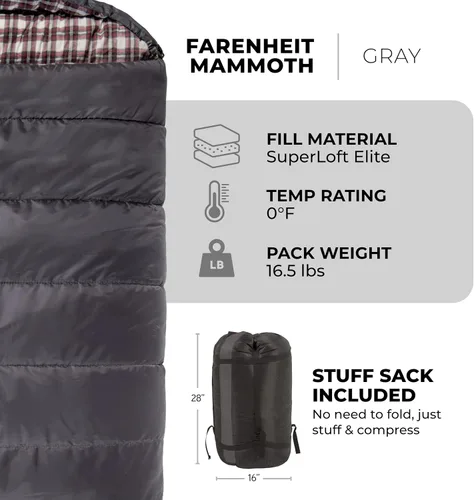 Miniatura 3 de Teton Mammoth - Saco de dormir doble tamaño Queen - Una bolsa cálida que toda la familia puede disfrutar, ideal para camping, caza y campamento Gris