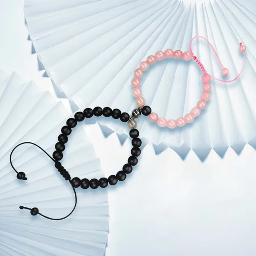 Miniatura 6 de 2 pulseras magnéticas para parejas, piedra natural negra mate, cristal para votos de amor eterno, juego de pulseras de cuentas de piedra de energía