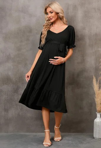 Miniatura 5 de Vestido de maternidad midi cuello en V cuello en V manga corta ropa para mujer embarazada