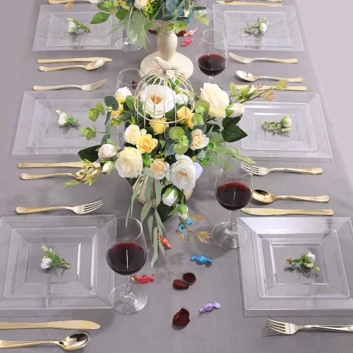 Miniatura 5 de WDF 60 platos de plástico transparente, platos cuadrados desechables para postre/ensalada, plato de plástico de 7 pulgadas para aperitivos de boda