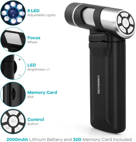 Miniatura 6 de LM203 Microscopio digital de mano con pantalla de 4 pulgadas, cámara de microscopio portátil para adultos, lupa de monedas USB 200X con 8 luces LED