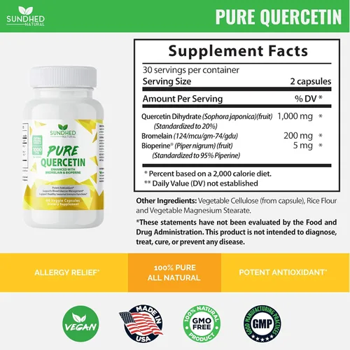 Miniatura 3 de Quercetina pura con bromelina y bioperina - Soporte antioxidante, fórmula extra fuerte con 1000 mg, suministro de 1 mes