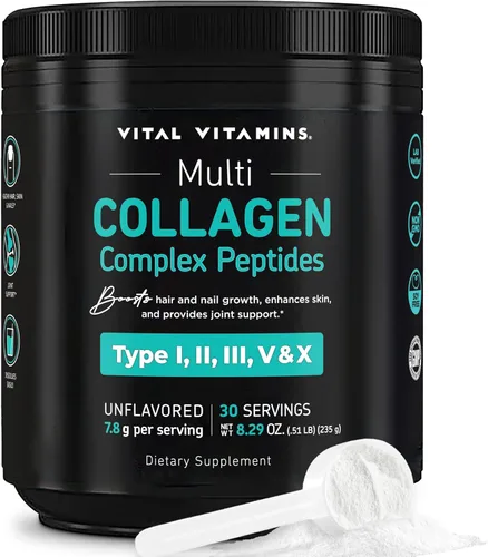 Vital Vitamins Polvo de péptidos de colágeno múltiple, sin sabor, fácil de disolver, tipo I, II, III, V, X, para mujeres y hombres, promueve la
