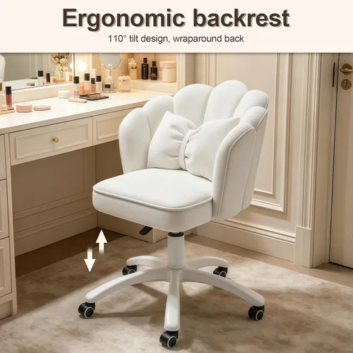 Miniatura 7 de Silla de escritorio Petal con cojín de lazo, silla de terciopelo con ruedas para tocador, silla tapizada para oficina en casa para niñas y mujeres