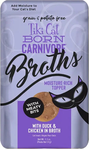 Tiki Cat Born Carnivore Caldos, receta de pato y pollo, suplemento de hidratación y sabor para comida para gatos, bolsa de 1.3 onzas (12 unidades)
