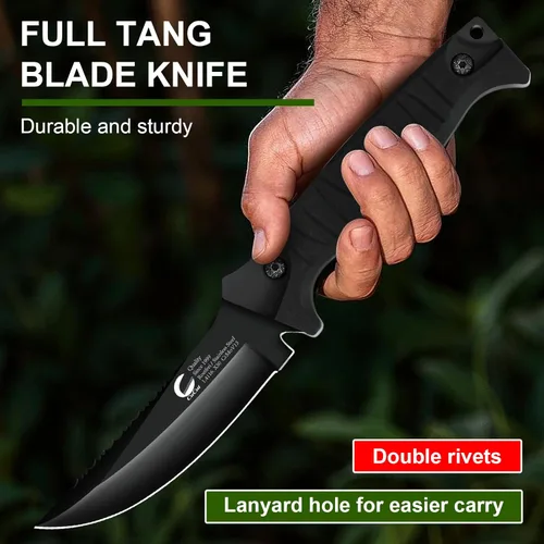 Miniatura 5 de Cuchillo de hoja fija de espiga completa con funda, hoja de acero al carbono tipo media luna de 4 pulgadas, acabado antiadherente negro, cuchillo