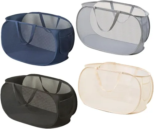 Miniatura 9 de 4 cestas de malla para ropa sucia, cesta de lavandería con apertura, cesta de lavandería desplegable con asas duraderas, cesta plegable de malla