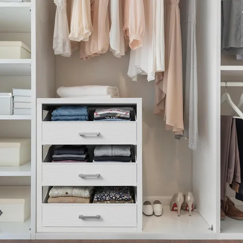 Miniatura 4 de BOLUO Cajones de armario de tela blanca con 3 cajones pequeños para organizadores de clóset y almacenamiento de dormitorio dormitorio moderno