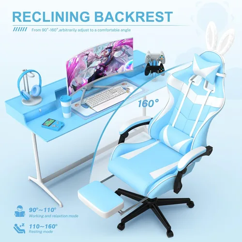 Miniatura 6 de Soontrans Silla de juegos azul claro con reposapiés, bonita silla de videojuegos de conejo, silla de escritorio Kawaii para nieta, hermana, novia