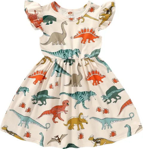 HAPPYMA Vestido de verano para niña pequeña, vestido de dinosaurio con mangas con vuelo, trajes para bebé, vestido de verano, faldas