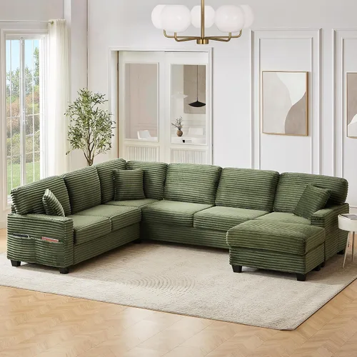 Miniatura 15 de Sofá modular de gran tamaño, moderno en forma de U, tapizado en pana suave con una tumbona para sala de estar