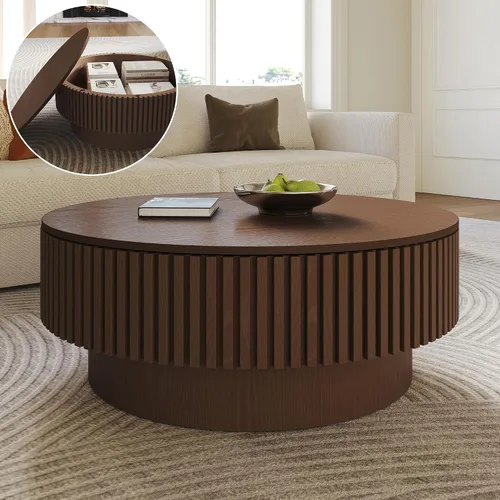 Mesa de centro redonda con almacenamiento, mesas de centro de madera acanalada modernas con base resistente, mesa de té central circular de tambor