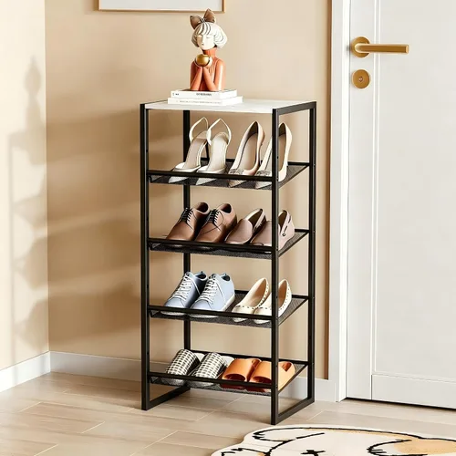 Miniatura 12 de Garden 4 you Zapatero estrecho de 3 niveles para armario, zapatero pequeño con mesa de madera marrón, estante de zapatos de metal ajustable