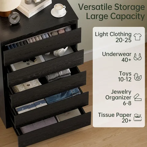 Miniatura 4 de OtterOasis Cómoda de madera negra para dormitorio, 5 cajones para almacenamiento de ropa, cómoda moderna con cajones anchos, cajones anchos