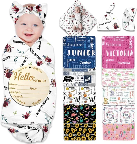 Miniatura 24 de Manta de bebé personalizada para niña y niño, manta de recepción con nombre personalizado con diadema de lazo y sombrero, regalos personalizados