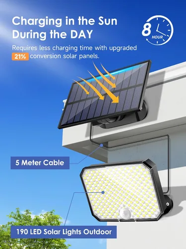 Miniatura 2 de One Fire Luces solares para exteriores, 190 LED, 1500 lúmenes, 3 modos con sensor de movimiento, control remoto, luces de seguridad solar IP65