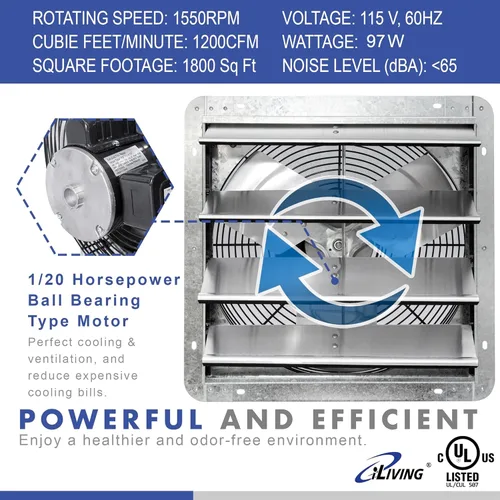 Miniatura 2 de iLIVING Ventilador Extractor de Persiana Montado en la Pared de 16 pulgadas, Persiana Automática, con Termostato y Controlador de Velocidad