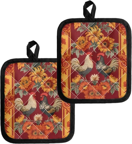 Juego de soportes para macetas de flores rojas de pollo blanco y negro, resistentes al calor, almohadillas calientes para horno, antideslizantes,
