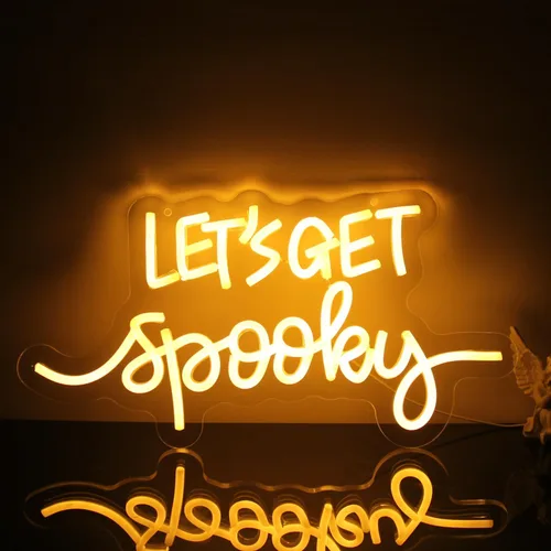 Miniatura 5 de Letreros de neón con texto en inglés "Let's Get Spooky", letrero de neón para Halloween, letras amarillas, luces de neón espeluznantes para pared