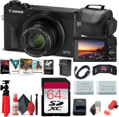 Canon PowerShot - Cámara digital G7 X Mark III (negro) (3637C001), tarjeta de memoria de 64 GB, batería NB13L, software de fotografía Corel,