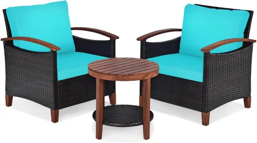 COSTWAY Juego de muebles de ratán de patio de 3 piezas, marco de madera, estante de mesa, color turquesa 3-Como se muestra en la imagen.