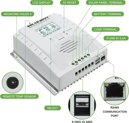 Miniatura 4 de Controlador de carga MPPT 60 amperios, regulador de carga de panel solar 12V 24V Auto 60A, entrada máxima 100V con pantalla LCD para batería
