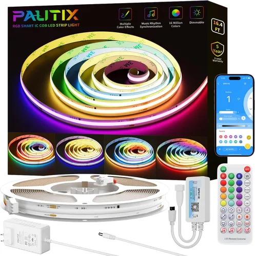 Miniatura 11 de PAUTIX Tira de luces LED RGB Smart IC COB, 6.56 pies/6.6 ft direccionable con certificación UL de 24 V, cinta flexible de color multicolor, funciona