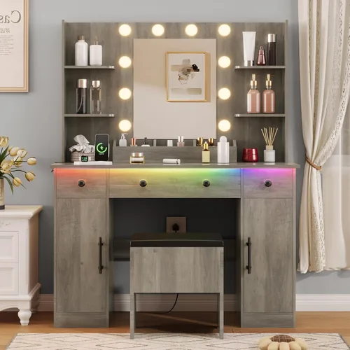 Miniatura 14 de HUANLEGO Escritorio de tocador con espejo y luces, tocador de maquillaje con espejo y luces LED y toma de corriente, 3 cajones y armarios, 3 modos