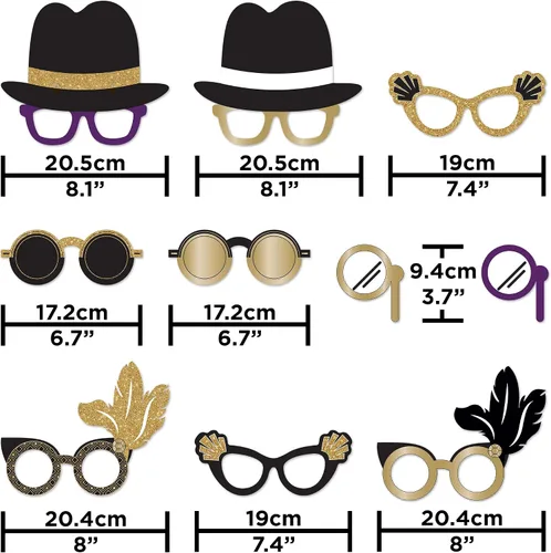 Miniatura 6 de Accesorios para cabina de fotos – Gafas de fiesta temática de los años 20 – Negro y dorado, 10 piezas – Twenties, Jazz, Gatsby, Vintage, Año Nuevo